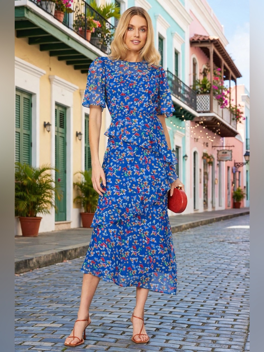 SALONI Vida Ruffled Dress Blue Floral Midi Dress with Ruffle Detail Sz US 6